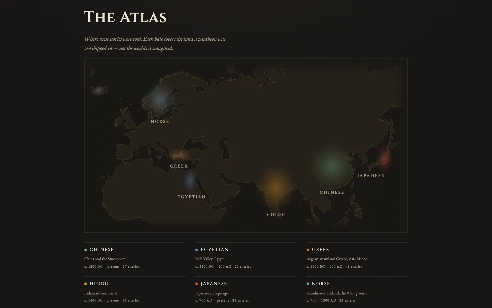 The Atlas: a dark map of Afro-Eurasia with six glowing halos over Scandinavia, Greece, Egypt, India, China, and Japan