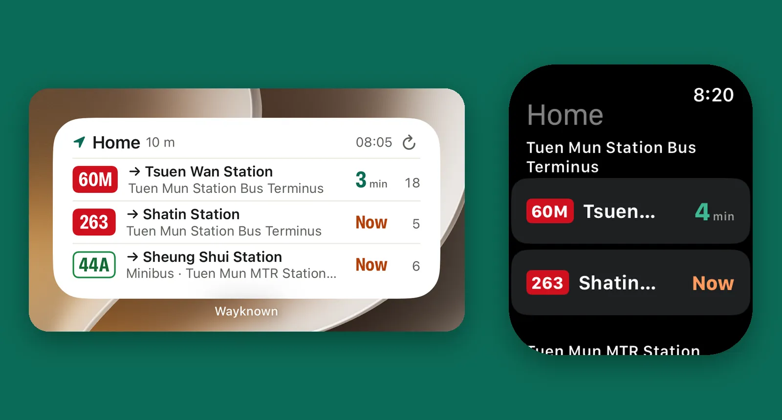 The Home Screen widget with three live rows beside the Apple Watch app showing the same group