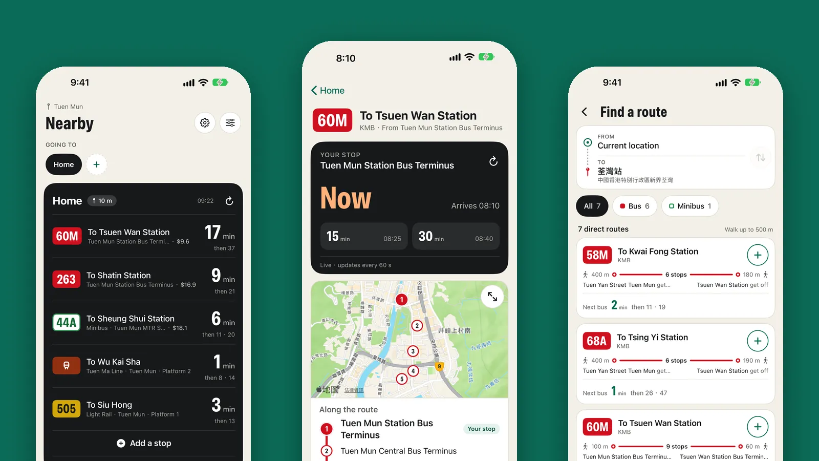 Three Wayknown screens on green: the Nearby group, a stop's live times and route map, and Find a route